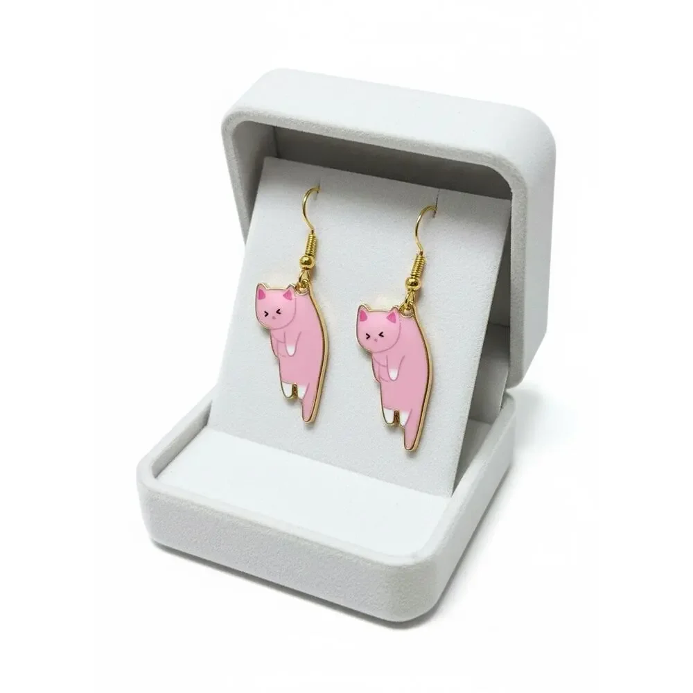 Pink Cat Dangle Earrings Gold Tone Enamel Cute Kawaii Handmade